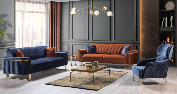 Oranger Dreisitzer Luxuriöses Stoffsofa Moderne Wohnzimmer Sitzmöbel