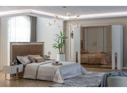 Exklusives Schlafzimmer Set Modernes Textilbett 2x Holz Nachtkonsolen