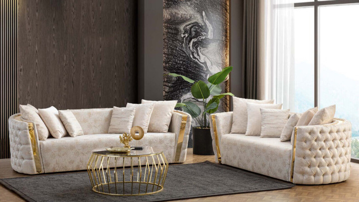Beige Chesterfield Couchgarnitur 2x Edelstahl Polster 3-Sitzer 2tlg Set
