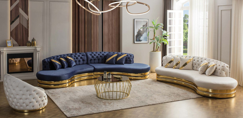 Blaues Halbrundes Chesterfield Sofa Designer Weißer Sessel 2tlg Set Neu