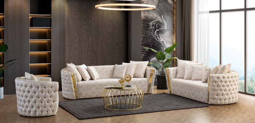 Komplette Edelstahl Chesterfield Luxus Garnitur 3+2+1 Sitzer Möbel Set
