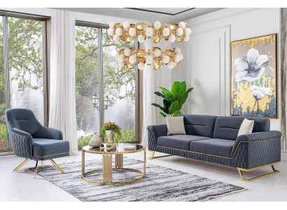 Blaue Wohnzimmer Sitzgarnitur Designer Ecksofa Luxus Moderner Sessel