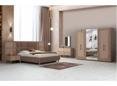 Beiges Schlafzimmer Set Polsterbett 2x Nachttische Schminktisch Schrank