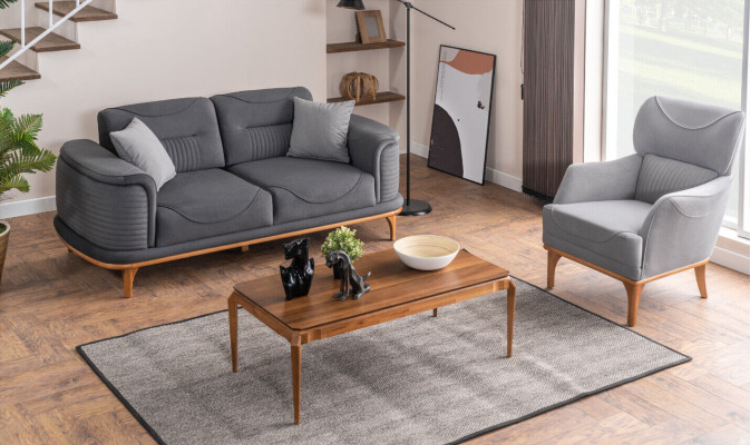 Modernes graues 2-teiliges Wohnzimmerset Dreisitzer-Sofa und Sessel