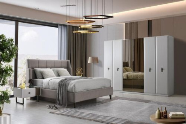 Weiß-Beige Schlafzimmer Möbel Polsterbett Holz Nachttische Schrank 4tlg
