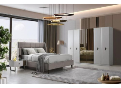 Weiß-Beige Schlafzimmer Möbel Polsterbett Holz Nachttische Schrank 4tlg