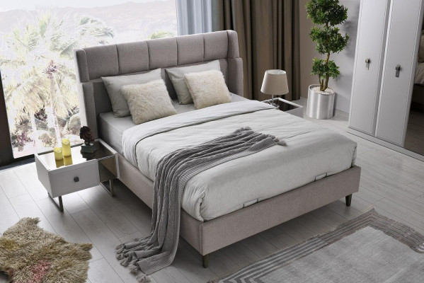 Weiß-Beige Schlafzimmer Möbel Polsterbett Holz Nachttische Schrank 4tlg