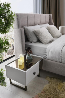 Weiß-Beige Schlafzimmer Möbel Polsterbett Holz Nachttische Schrank 4tlg