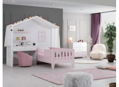 Komplette Kinderzimmer Garnitur Designer Kinderbett mit SchreibtischWeiß Kommode