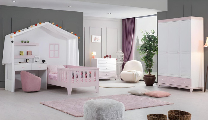 Komplette Kinderzimmer Garnitur Designer Kinderbett mit SchreibtischWeiß Kommode