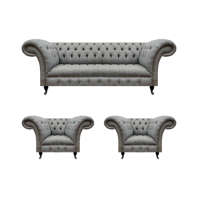 Wohnzimmer Set 3tlg Chesterfield Sofas Grau Textil Polstermöbel 2x Sessel