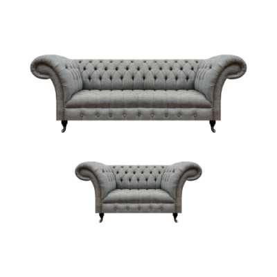 Chesterfield Grau Komplett Wohnzimmer Dreisitzer Sofa Luxus Sessel Neu