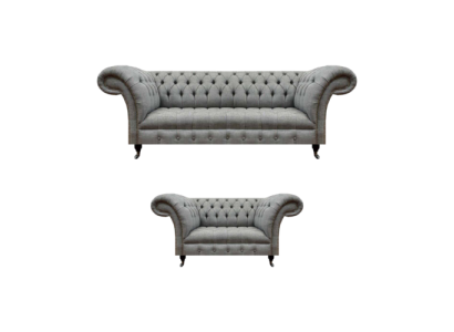 Chesterfield Grau Komplett Wohnzimmer Dreisitzer Sofa Luxus Sessel Neu