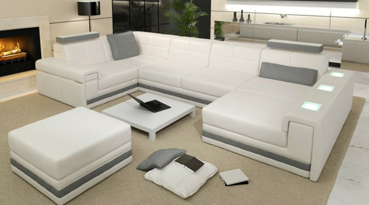 Ecksofa Sofa Wohnlandschaft U Form Polster Couch Ledersofa + Hocker