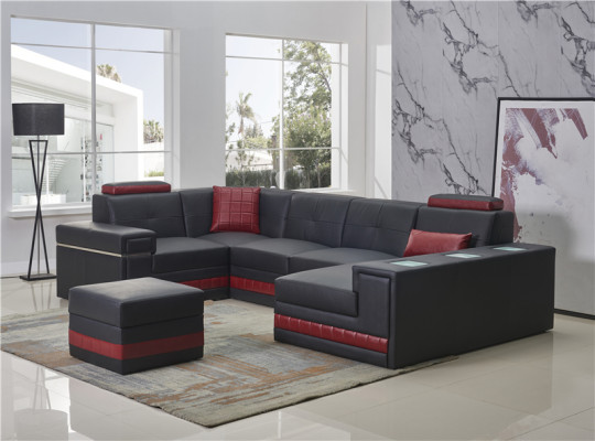 Ecksofa Sofa Wohnlandschaft U Form Polster Couch Ledersofa + Hocker