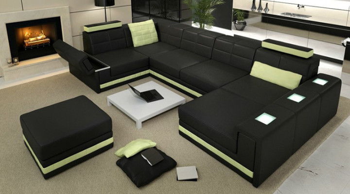 Ecksofa Sofa Wohnlandschaft U Form Polster Couch Ledersofa + Hocker