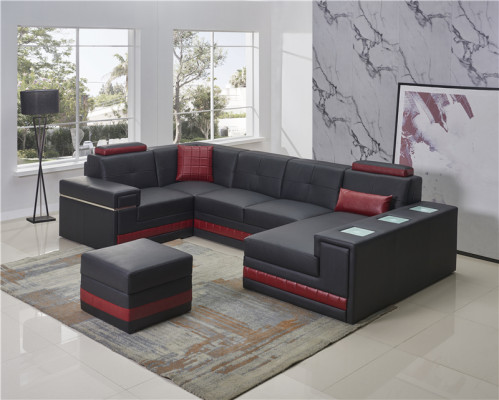 Ecksofa Sofa Wohnlandschaft U Form Polster Couch Ledersofa + Hocker