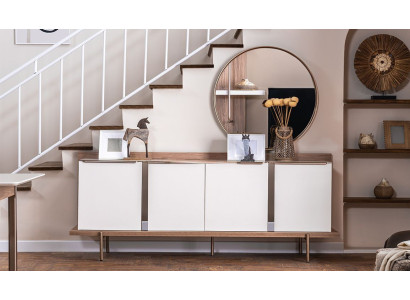 Stylish Weiß Braun Sideboard Rund Spiegel Designer Holzmöbel Esszimmer