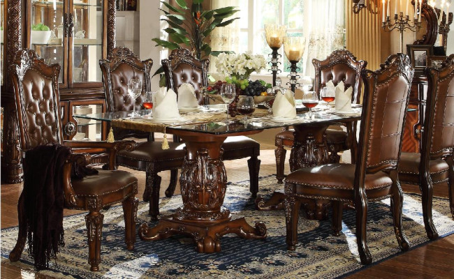 Brauner Klassischer Esstisch mit Leder Chesterfield Stühlen 7tlg. Set