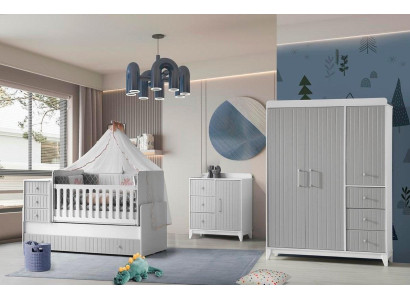 Komplett-Set für Kinderzimmer: Kommode, Kleiderschrank, Kinderbett Grau Farbe