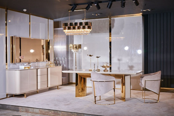 Wohnzimmer Anrichte Spiegel Material Holz mit Metall Stil Modern Beige