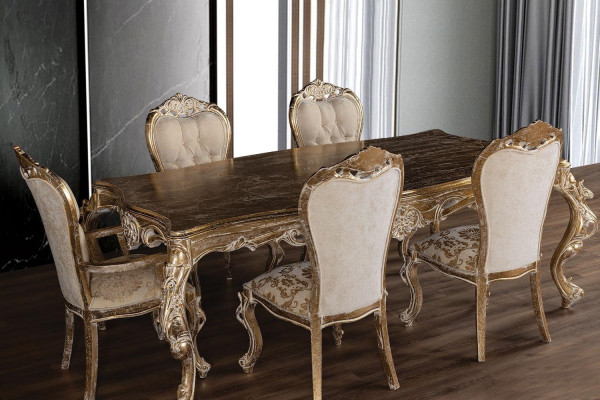 Goldene Esszimmergarnitur Designer Rechteckiger Esstisch mit x4 Chesterfield-Stühlen 5tlg. Set