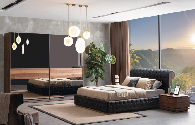 Schlafzimmer Bett Chesterfield Hotel Luxus Polster Doppel schwarz neu