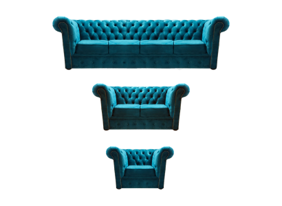 Blau Neu Sofa Set 3tlg Modern Textil Chesterfield Wohnzimmer Komplett