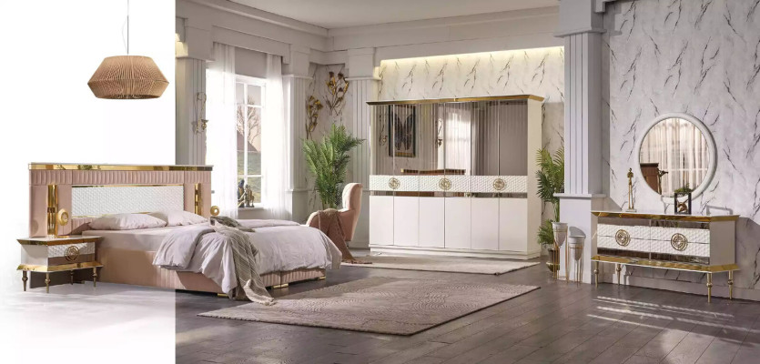 Beige Schlafzimmer Garnitur Doppelbett 2x Nachttische Schlaftische 3tlg