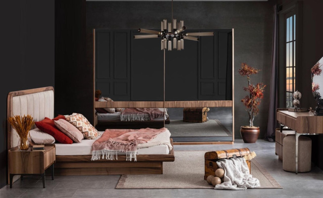 Braune Luxus Holz Schlafzimmer Garnitur Bett Spiegel Schminktisch Neu