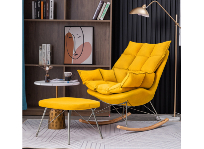 Sessel mit Hocker Design Luxus Textil Sitz Garnitur Wohnzimmer Gelb