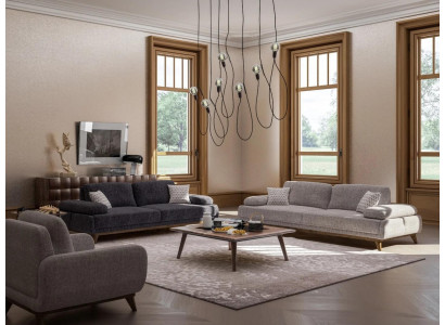 Wohnzimmer Set Grau Sofa Zweisitzer mit Dreisitzer Textil Design Couchtisch