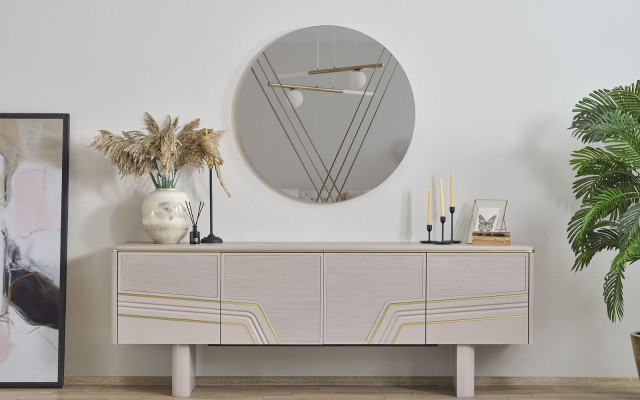 Beige Luxus Holzmöbel Designer Sideboard Luxus Rundspiegel Modern 2tlg