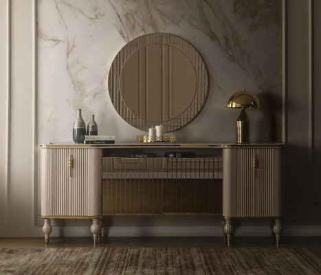 Luxuriöses Wohnzimmer Set Modernes Sideboard Glas Spiegel Holz Anrichte