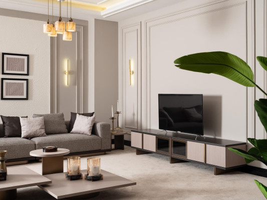 Wohnzimmer Garnitur Sessel RTV Lowboard Couchtische Holz Beige 6tlg