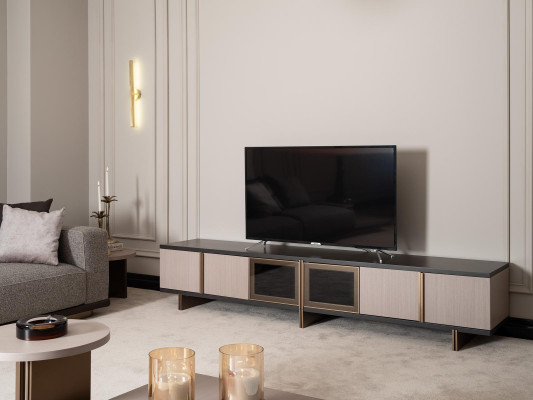 Wohnzimmer Garnitur Sessel RTV Lowboard Couchtische Holz Beige 6tlg