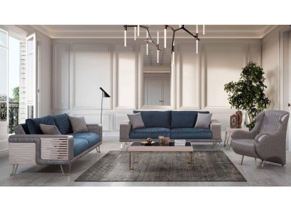 Sofagarnitur 3+3+1 Sitzer + Couchtisch Modern Textil Komplett Blau Neu