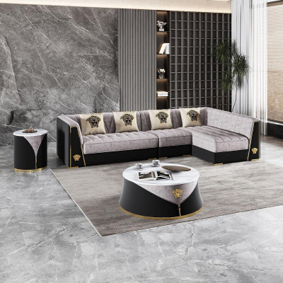Graue Wohnzimmer Sofagarnitur Ecksofa Couchtisch Beistelltisch Edelstahl