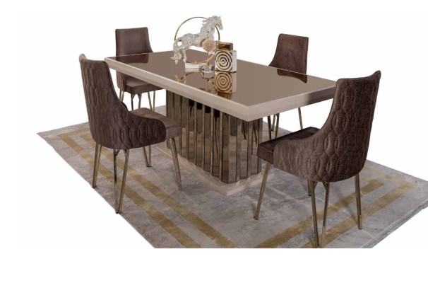 Luxus Esszimmer set Esstisch 4x Stühle Metall Stuhl Textil Essgruppe Garnitur