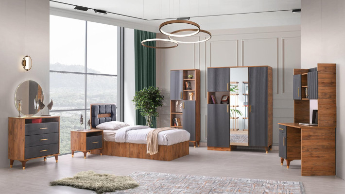  Jugendzimmer-Set 6tlg Modern Design Dekorative Braun Grau Zweifarbig Stil