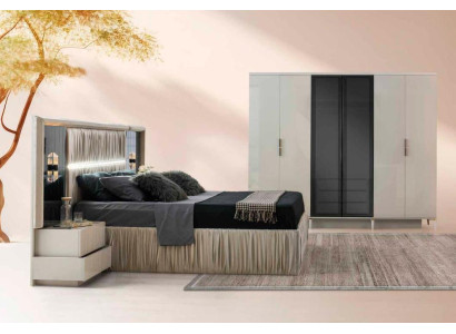 Schlafzimmer-Set 4tlg Bett 2x Nachttische Kleiderschrank Weiß Modern Design Holz