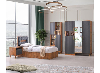 Jugendzimmer-Set 4tlg Bett Nachttisch Kleiderschrank Bücherregal Grau Braun