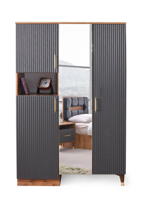 Jugendzimmer-Set 4tlg Bett Nachttisch Kleiderschrank Bücherregal Grau Braun