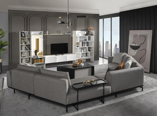 Ecksofa U-Form Wohnzimmer Couch Textil Neu Design grau Modern Luxus