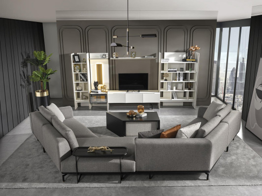 Ecksofa U-Form Wohnzimmer Couch Textil Neu Design grau Modern Luxus