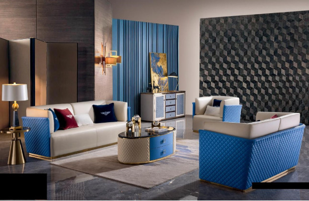 Blau-Beige Ledersofas Designe Wohnzimmer Garnitur 3+2 Set 2tlg.
