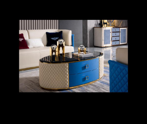 Blau-Beige Ledersofas Designe Wohnzimmer Garnitur 3+2 Set 2tlg.