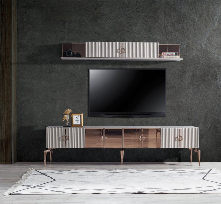 Moderne Wohnzimmerambiente Weißes RTV-Lowboard Edelstahl Regal 2tlg Set