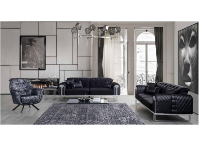  Schwarze Wohnzimmer Sofagarnitur 2x Dreisitzer Designer Polster Sessel