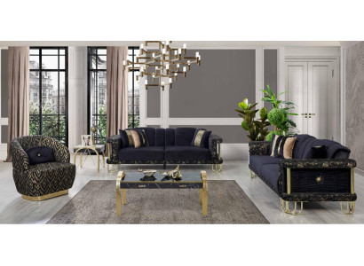  Schwarze Couchgarnitur 2x Dreisitzer Polster Sessel Moderne Sitz Möbel